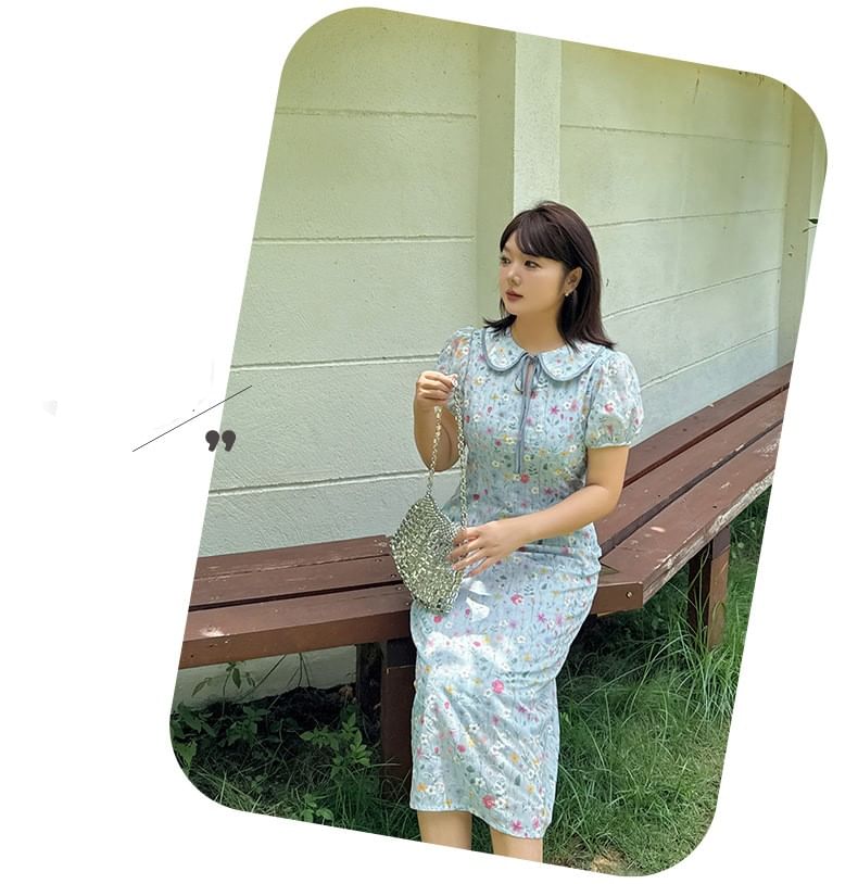Plus Size Puff-Sleeve Peter Pan Collar Floral Print Embroidered Tie Front Midi A-Line Dress