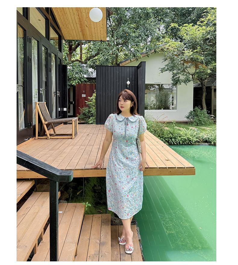 Plus Size Puff-Sleeve Peter Pan Collar Floral Print Embroidered Tie Front Midi A-Line Dress