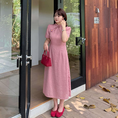 Plus Size Short-Sleeve Stand Collar Jacquard Flower Accent Midi A-Line Dress