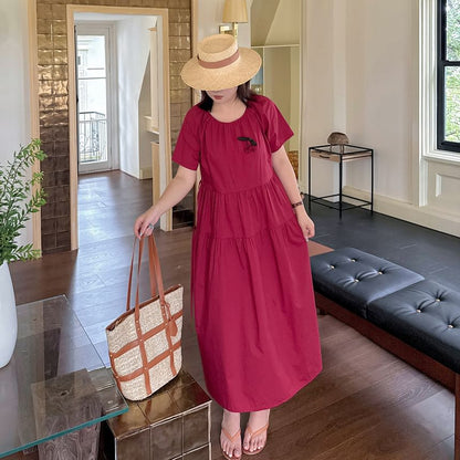 Plus Size Short-Sleeve Crew Neck Flower Accent Tie Waist Midi A-Line Dress