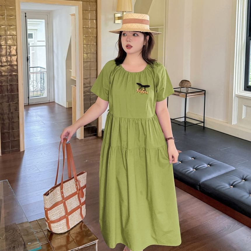 Plus Size Short-Sleeve Crew Neck Flower Accent Tie Waist Midi A-Line Dress