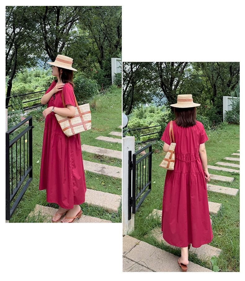 Plus Size Short-Sleeve Crew Neck Flower Accent Tie Waist Midi A-Line Dress