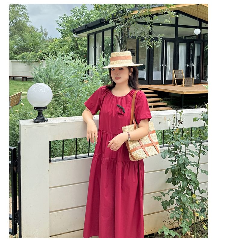 Plus Size Short-Sleeve Crew Neck Flower Accent Tie Waist Midi A-Line Dress