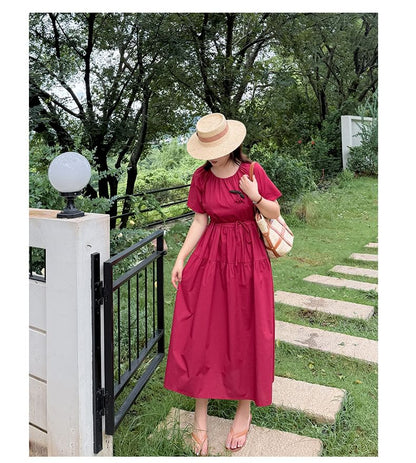 Plus Size Short-Sleeve Crew Neck Flower Accent Tie Waist Midi A-Line Dress