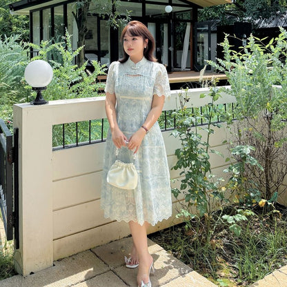 Plus Size Short-Sleeve Stand Collar Embroidered Cutout Fringed Midi A-Line Dress