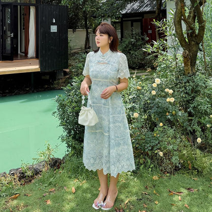 Plus Size Short-Sleeve Stand Collar Embroidered Cutout Fringed Midi A-Line Dress