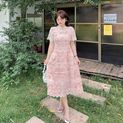 Plus Size Short-Sleeve Stand Collar Embroidered Cutout Fringed Midi A-Line Dress