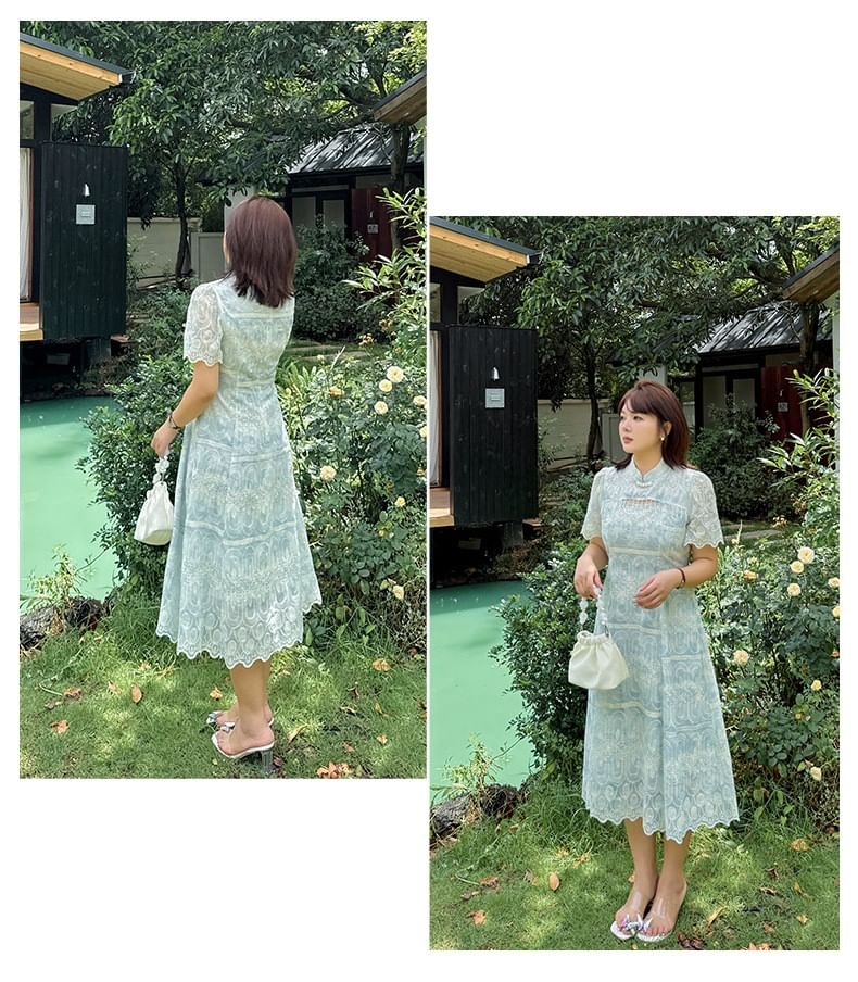Plus Size Short-Sleeve Stand Collar Embroidered Cutout Fringed Midi A-Line Dress