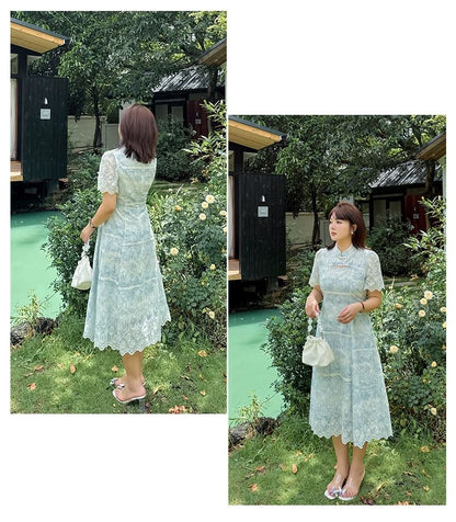 Plus Size Short-Sleeve Stand Collar Embroidered Cutout Fringed Midi A-Line Dress