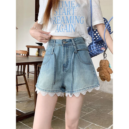 High Waist Lace Trim Denim Wide Leg Shorts