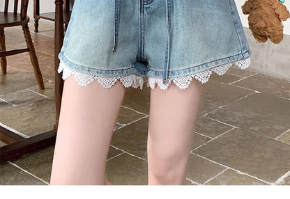 High Waist Lace Trim Denim Wide Leg Shorts