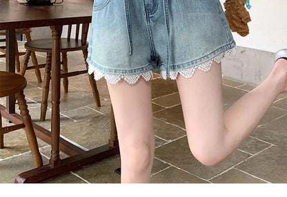 High Waist Lace Trim Denim Wide Leg Shorts