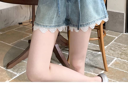 High Waist Lace Trim Denim Wide Leg Shorts