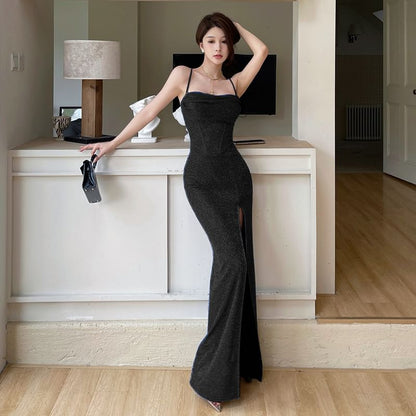 Spaghetti Strap Glitter Slit Sheath Evening Gown