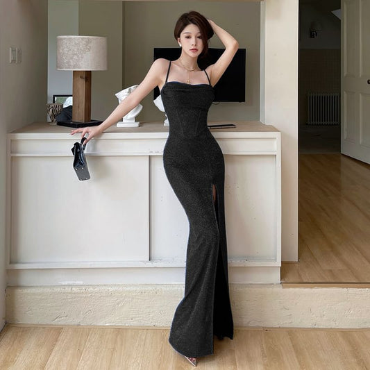 Spaghetti Strap Glitter Slit Sheath Evening Gown