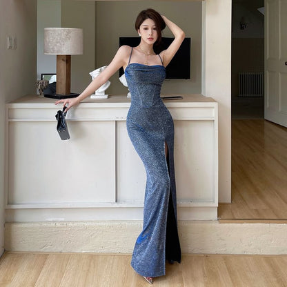 Spaghetti Strap Glitter Slit Sheath Evening Gown