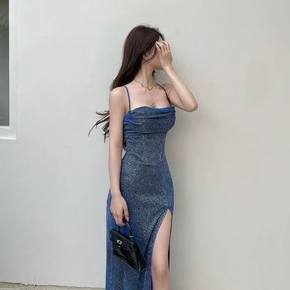 Spaghetti Strap Glitter Slit Sheath Evening Gown