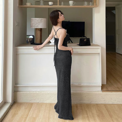 Spaghetti Strap Glitter Slit Sheath Evening Gown