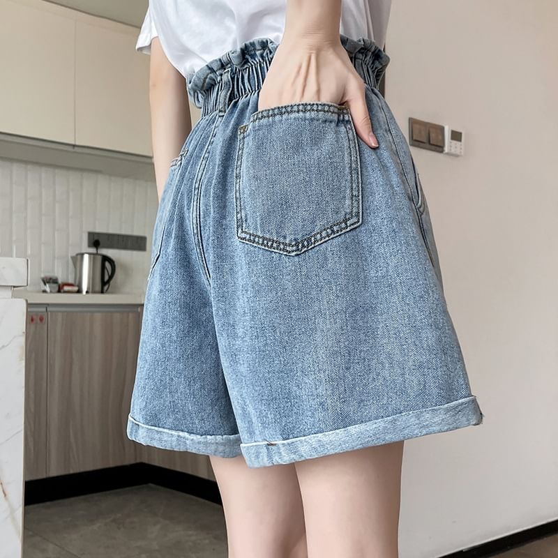 High Waist Washed Denim Wide Leg Shorts