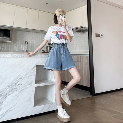 High Waist Washed Denim Wide Leg Shorts