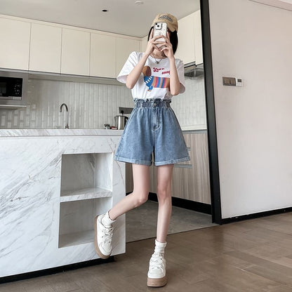 High Waist Washed Denim Wide Leg Shorts