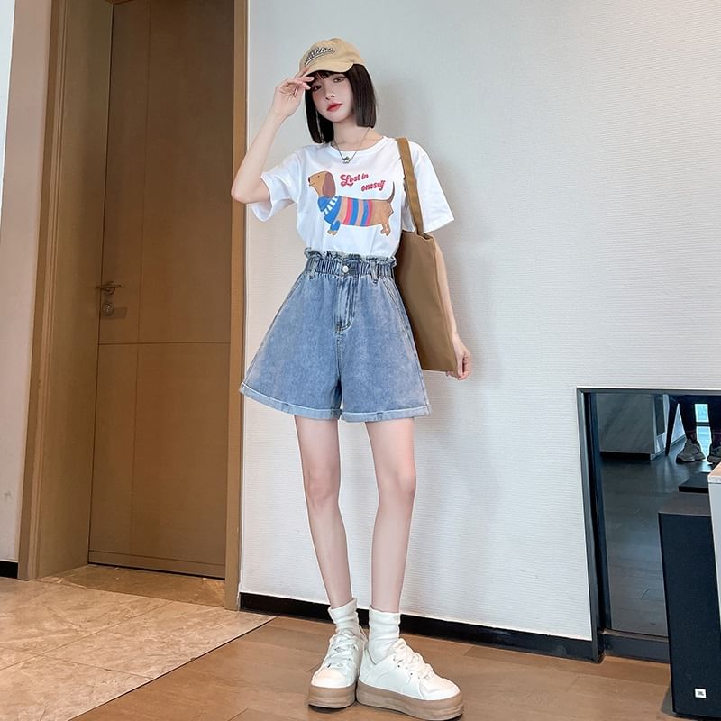 High Waist Washed Denim Wide Leg Shorts
