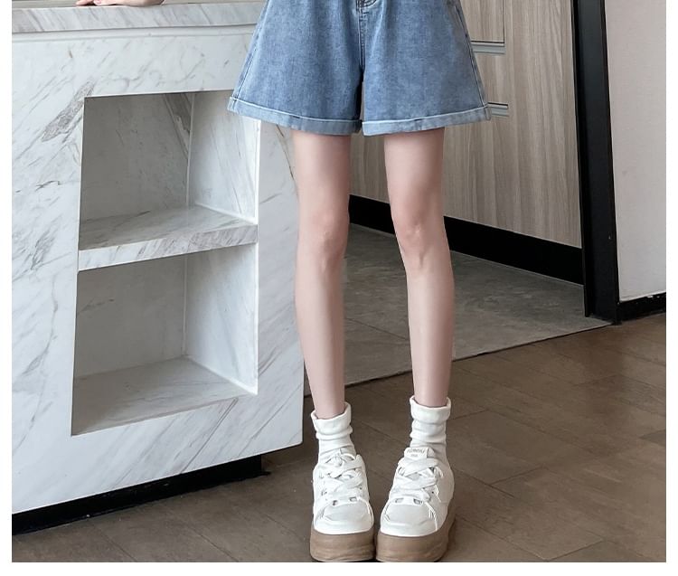 High Waist Washed Denim Wide Leg Shorts