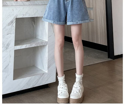 High Waist Washed Denim Wide Leg Shorts