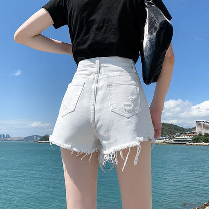 High Waist Plain Distressed Denim Shorts