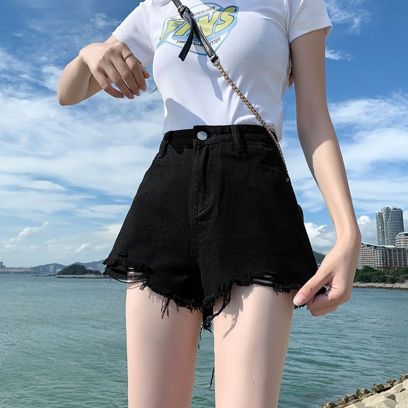 High Waist Plain Distressed Denim Shorts