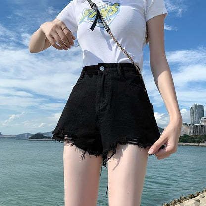 High Waist Plain Distressed Denim Shorts
