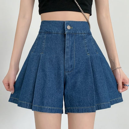 High Waist Washed Denim Pleated Wide Leg Shorts
