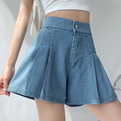 High Waist Washed Denim Pleated Wide Leg Shorts
