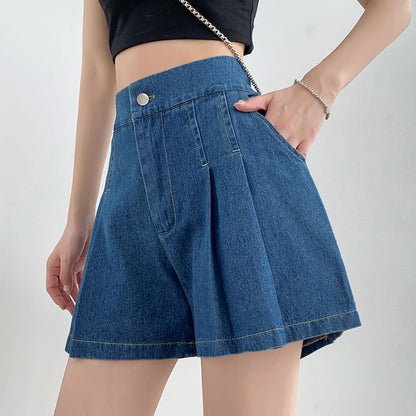 High Waist Washed Denim Pleated Wide Leg Shorts