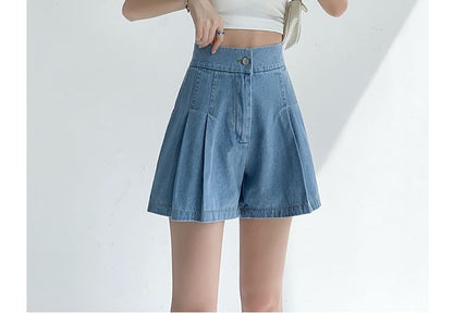 High Waist Washed Denim Pleated Wide Leg Shorts