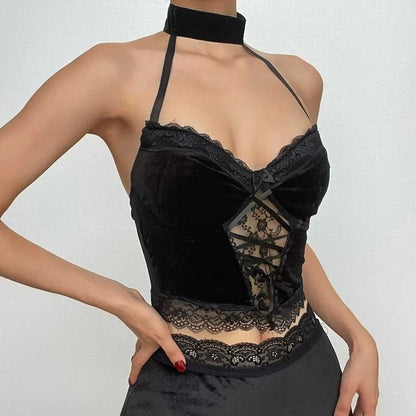 Lace Panel Halter Cropped Cami Top