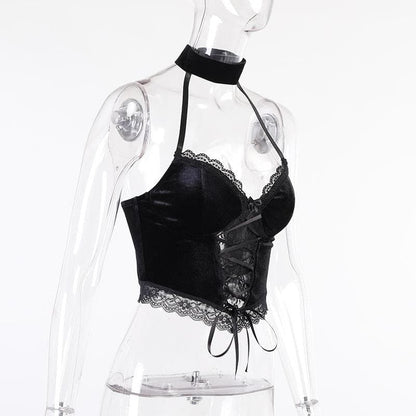 Lace Panel Halter Cropped Cami Top