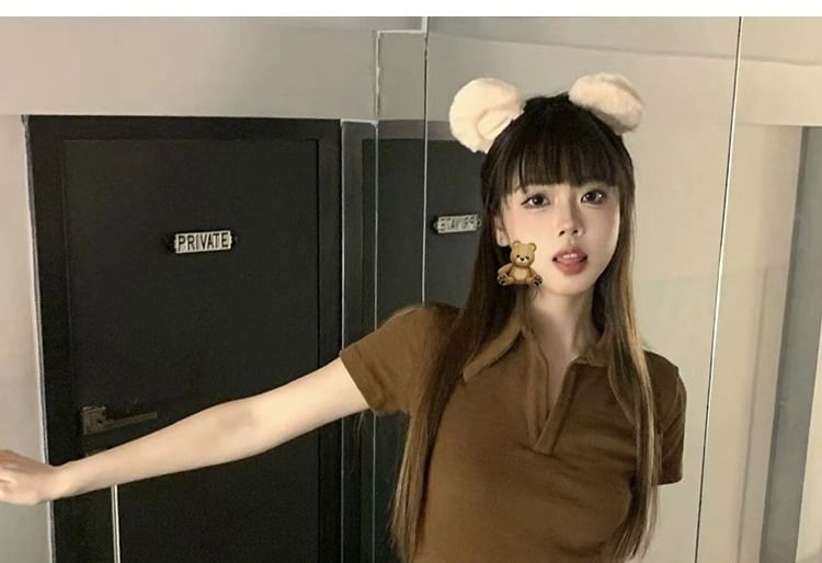 Plain Cropped Short-Sleeved Polo Top