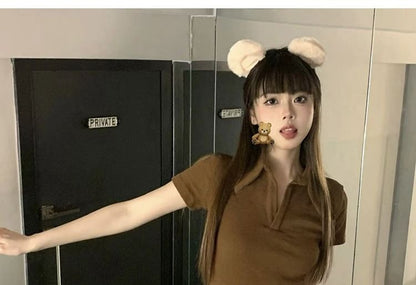 Plain Cropped Short-Sleeved Polo Top