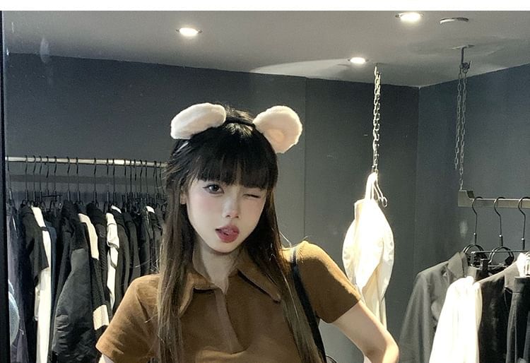 Plain Cropped Short-Sleeved Polo Top