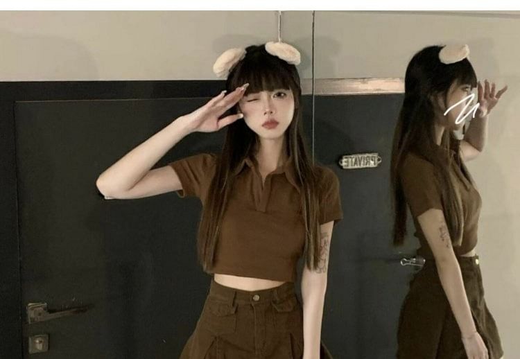 Plain Cropped Short-Sleeved Polo Top