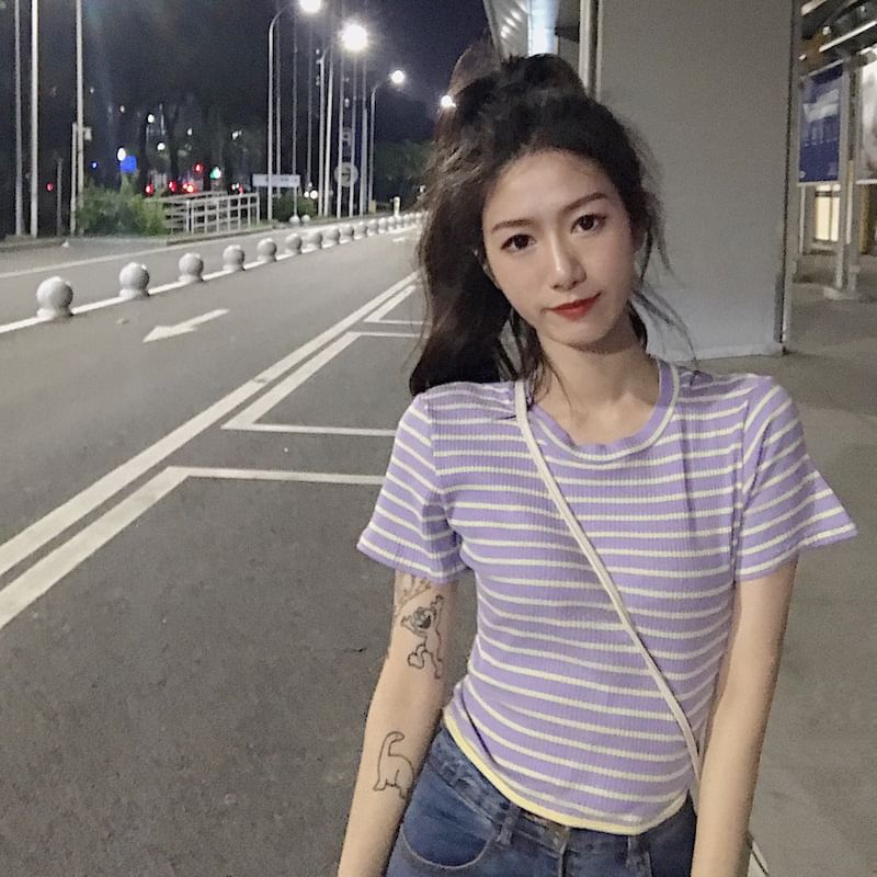 Striped Open Back Cropped Short-Sleeved Top