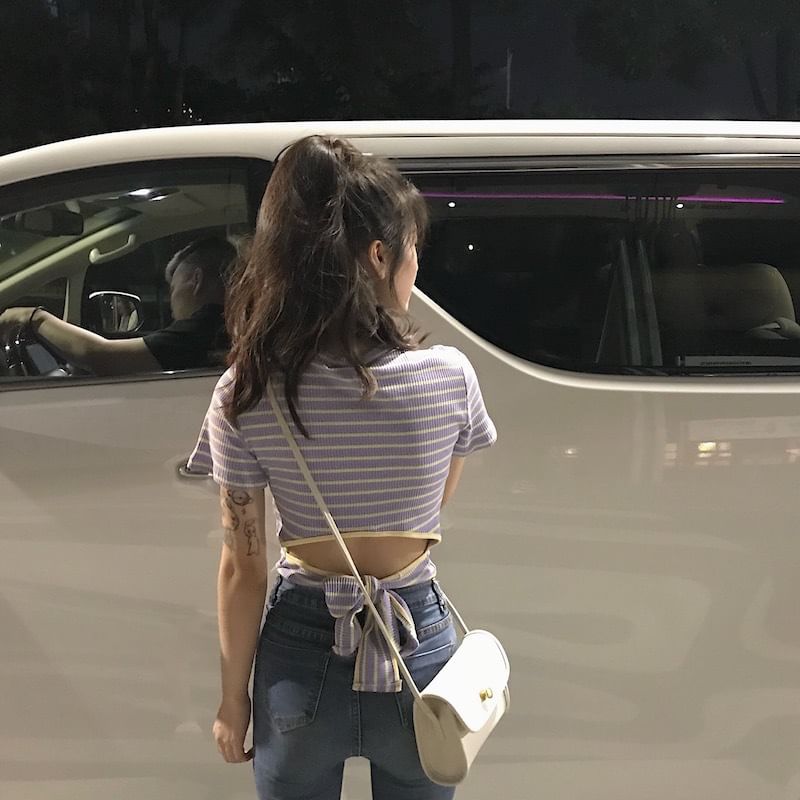 Striped Open Back Cropped Short-Sleeved Top