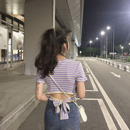 Striped Open Back Cropped Short-Sleeved Top
