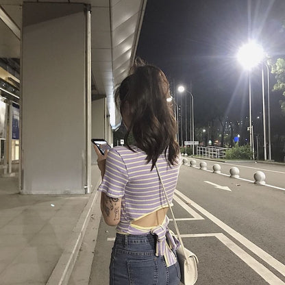 Striped Open Back Cropped Short-Sleeved Top