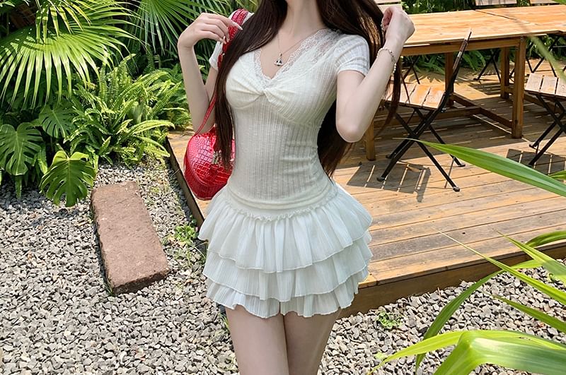 V-Neck Lace-Trimmed Top with Short Sleeves
