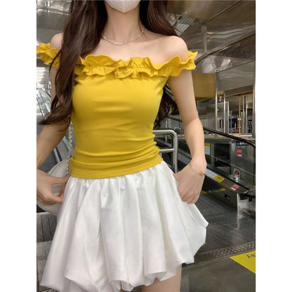 Frill Trim Off-Shoulder Cropped Plain Top