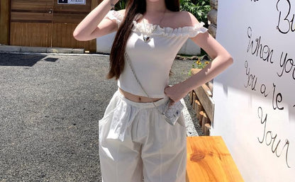 Frill Trim Off-Shoulder Cropped Plain Top