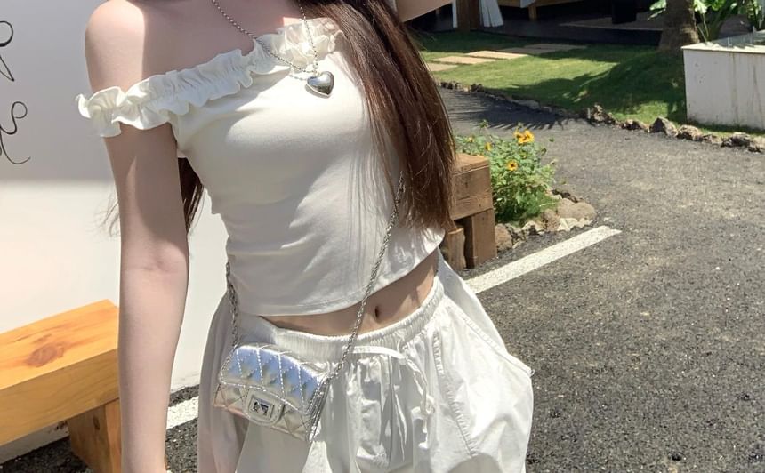 Frill Trim Off-Shoulder Cropped Plain Top