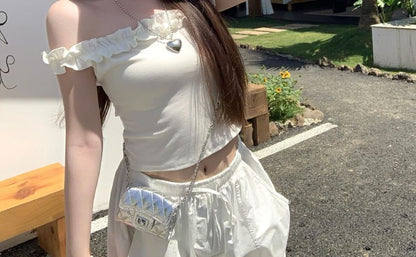 Frill Trim Off-Shoulder Cropped Plain Top